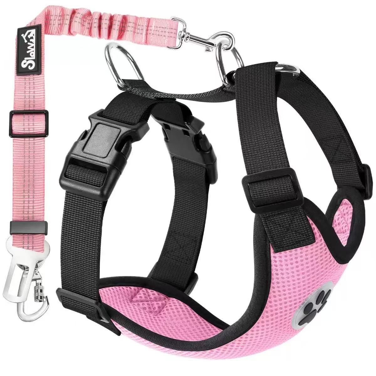 Pink no-pull car harness with tether