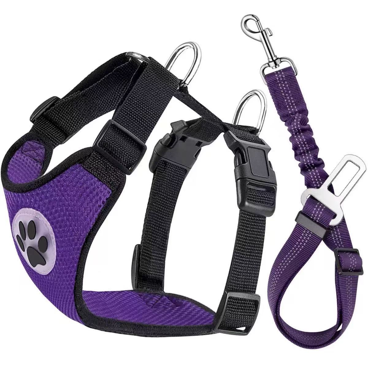 Purple no-pull car harness with tether